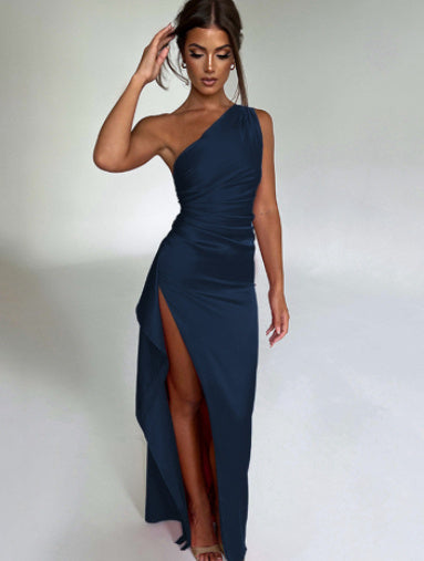 Sexy One-shoulder Backless Slit Dress Summer Elegant Slim-fit Solid Color Satin Dresses For Women Blue