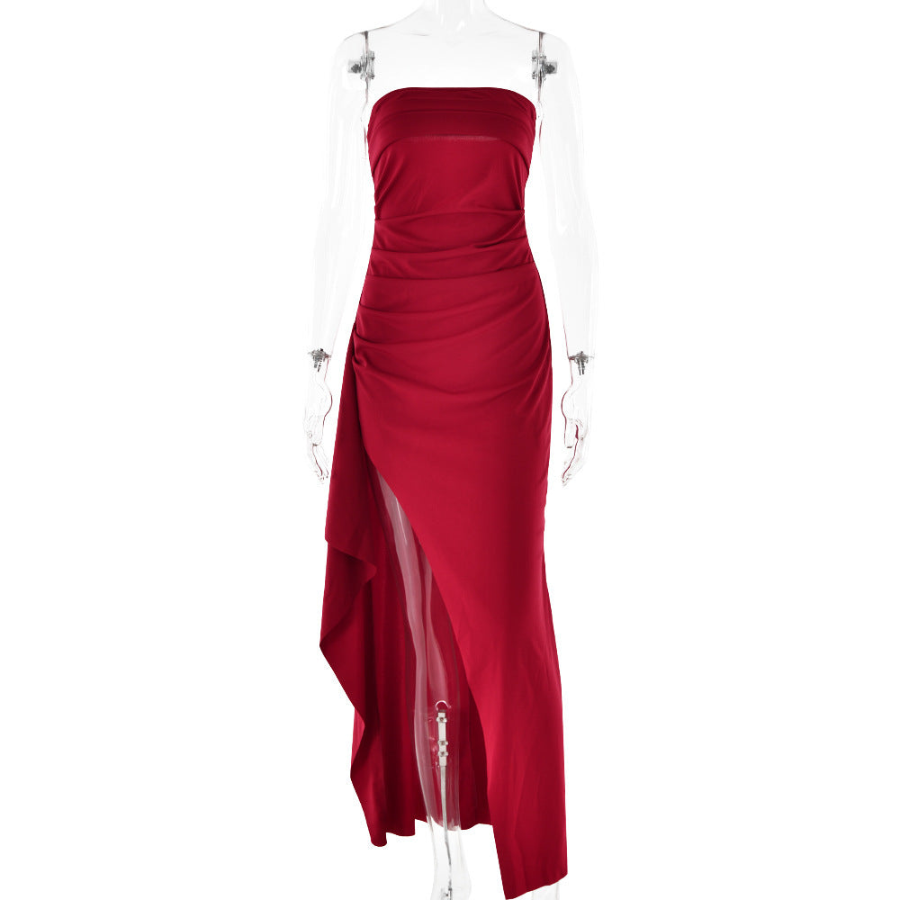 Strapless Split Long Dress Summer Fashion Pleated Bridesmaid Dress For Womens Party Wedding Clothing Wine Red