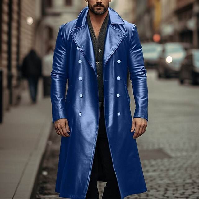 Long Trench Coat Male Double-breasted Leather Jacket Blue