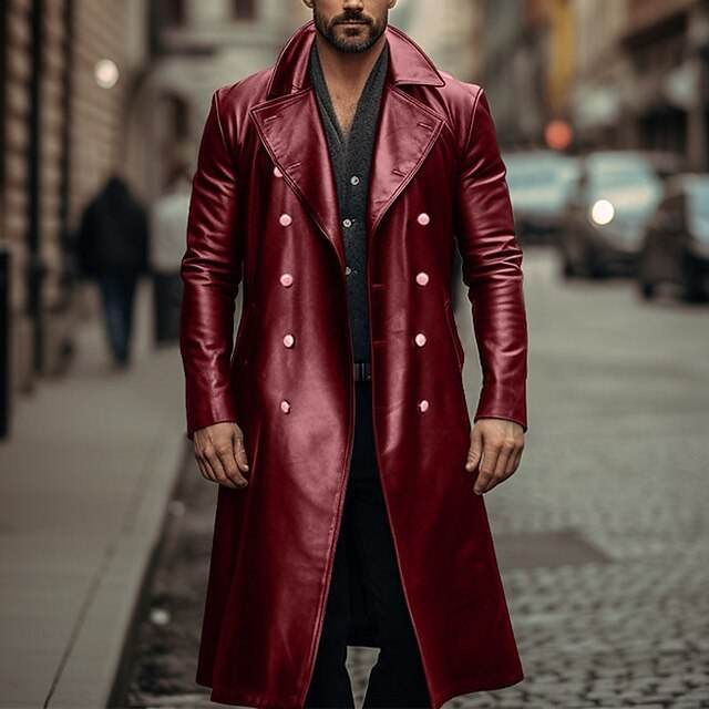 Long Trench Coat Male Double-breasted Leather Jacket Red