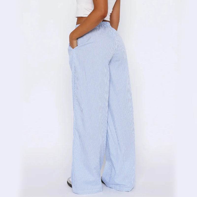 Striped Trousers With Pockets Ins Fashion Casual Wide Leg Straight Pants For Women Clothing Blue