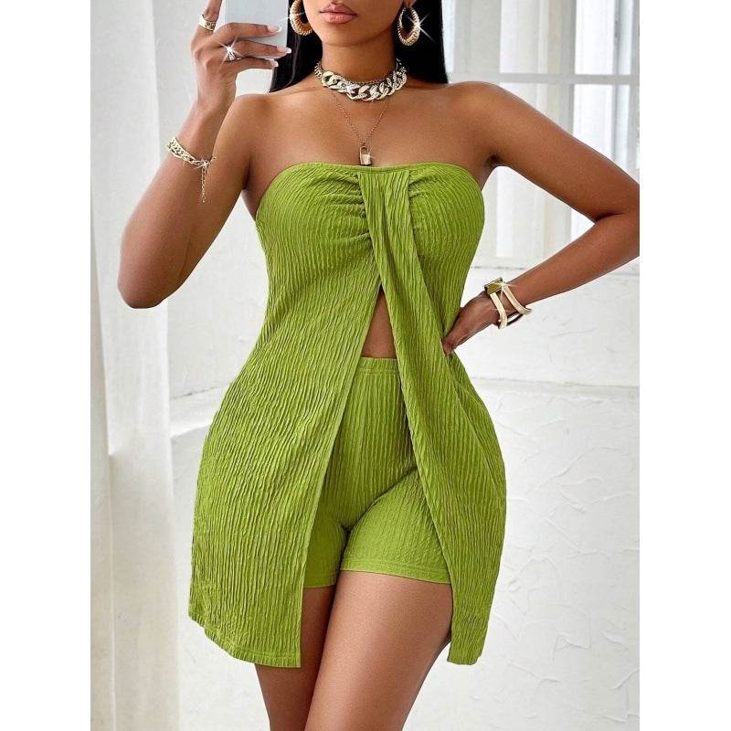 Women's Strapless Bandeau Top Shorts Suit 1 Yellow