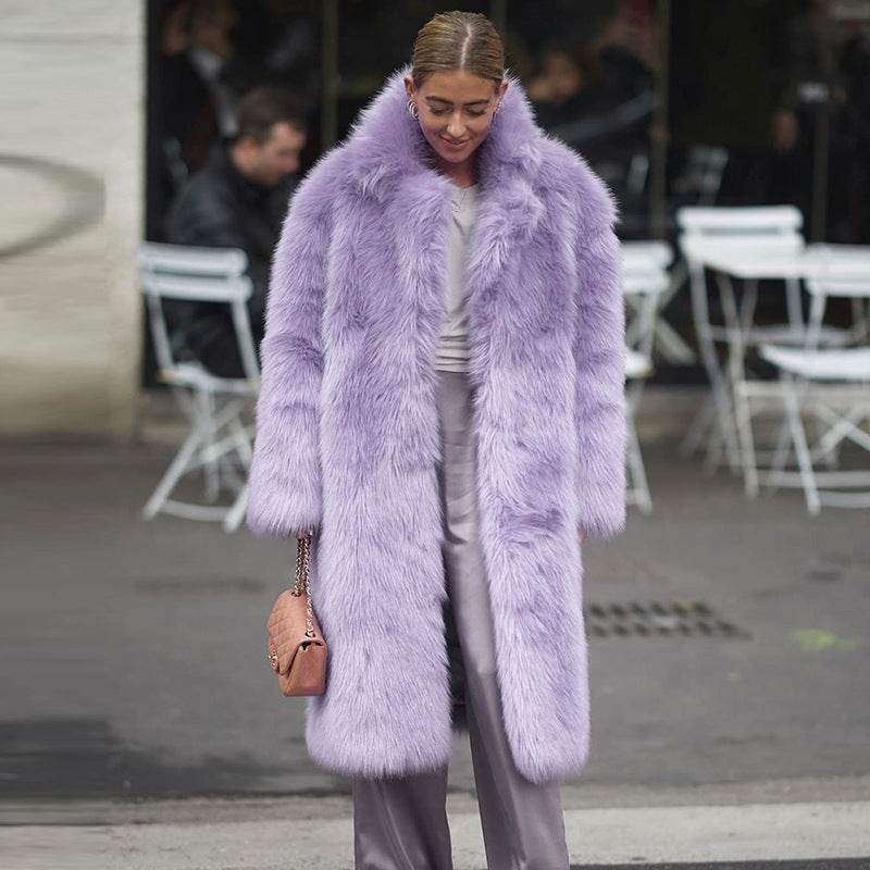 Autumn And Winter Thickening Imitation Fur Lapel Wool Coat Women Violet