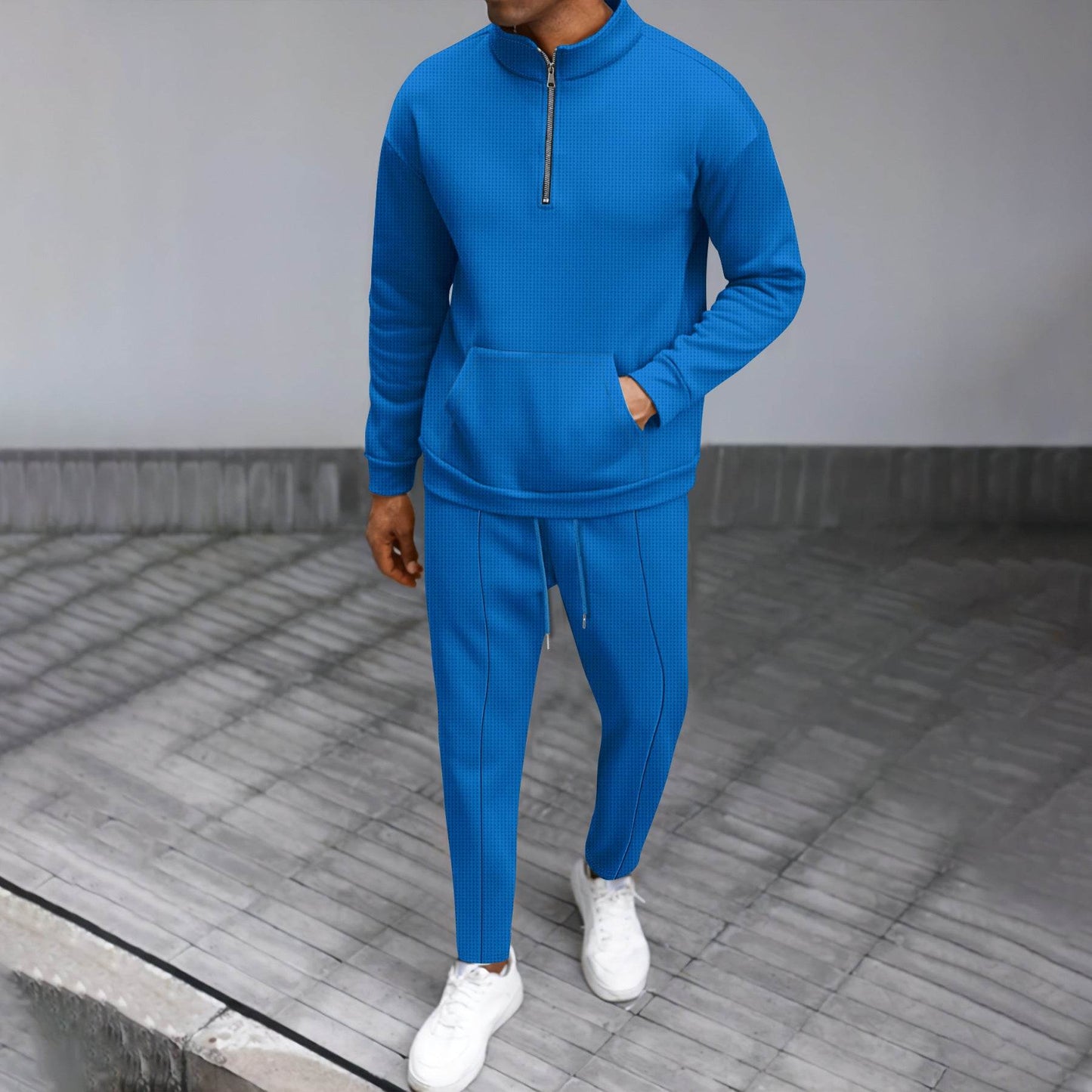 Turtleneck Half Zip Pocket Long Sleeve Sweater Trousers Casual Suit Blue