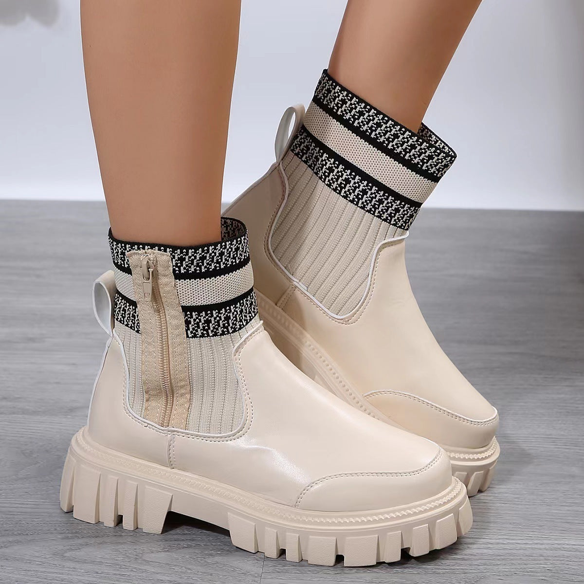 Fashion Mid-tube Boots With Zipper Design Non-slip Thick Sole Elastic Knitted Patchwork Boots For Women Round Toe Shoes Winter Beige