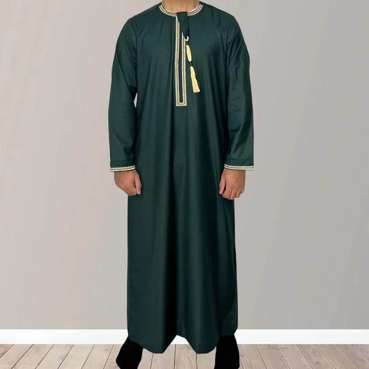 Solid Color Round Neck Embroidered Thick Tassel Oman Gowns Saudi Arabia Men