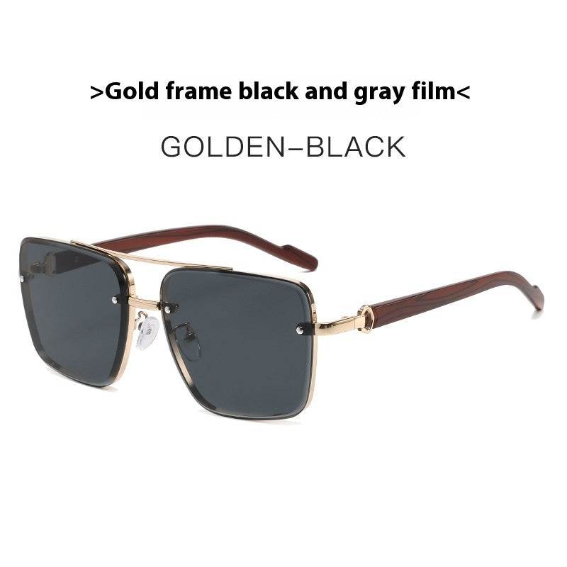 Metal Double Beam Frame Wood Grain Leg Sunglasses Gold Frame Black And Grey Lens