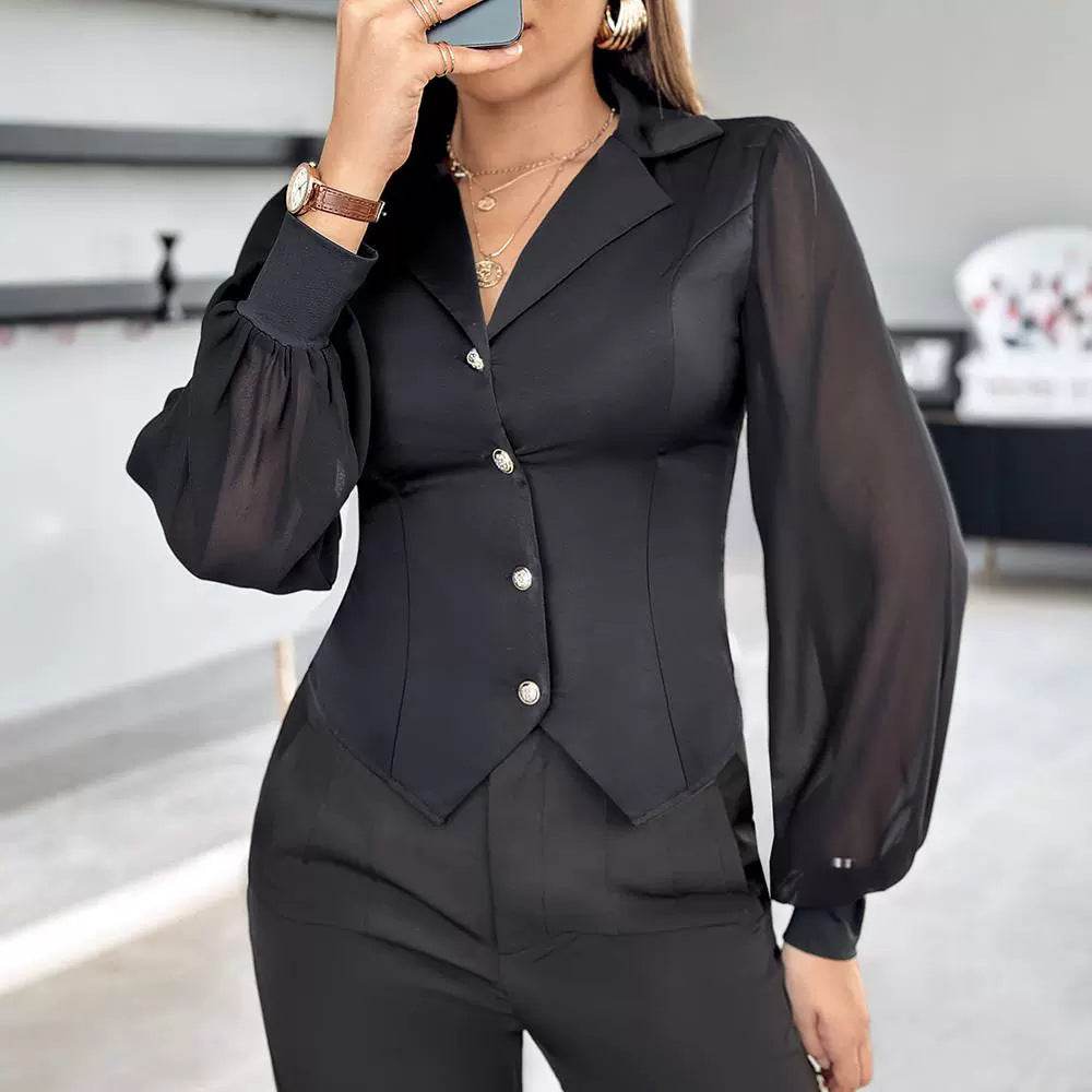 New European And American Style Fashion Mesh Patchwork Button Shirt Top