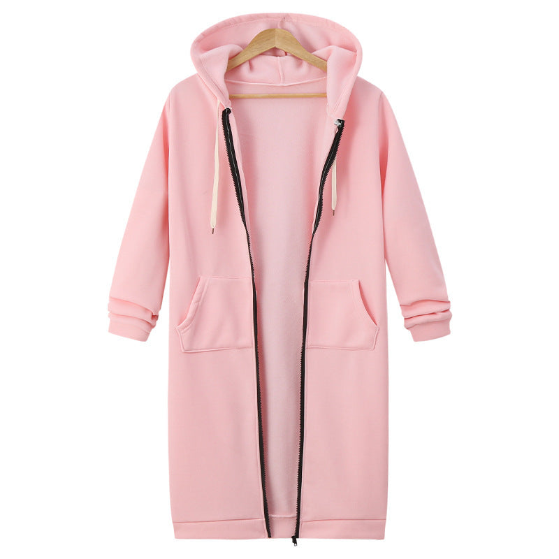 Hooded Long Sleeve Sweater Fleece Long Jacket Pink