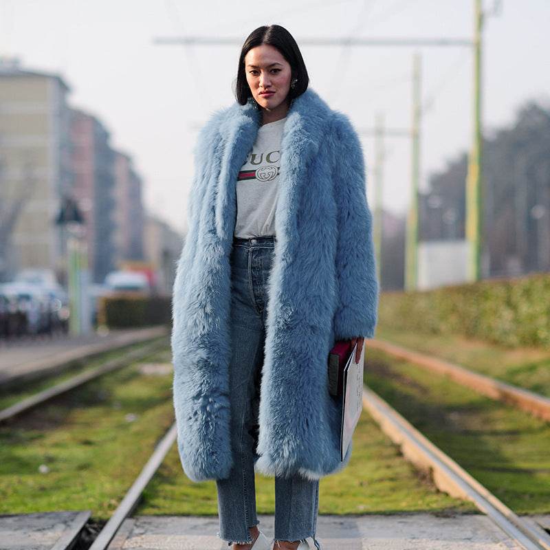 Autumn And Winter Thickening Imitation Fur Lapel Wool Coat Women Sky Blue