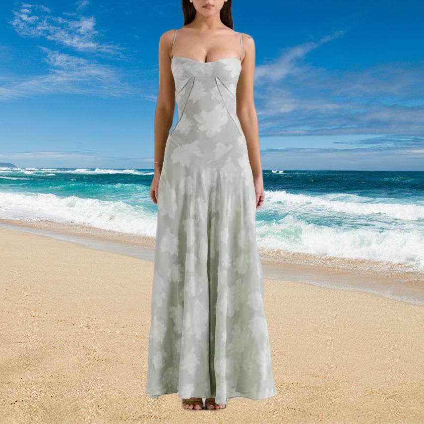 Sexy Flowers Lace Suspender Dress Summer Fashion Slim Back Lace-up Long Dresses Party Evening Club Clothing For Women