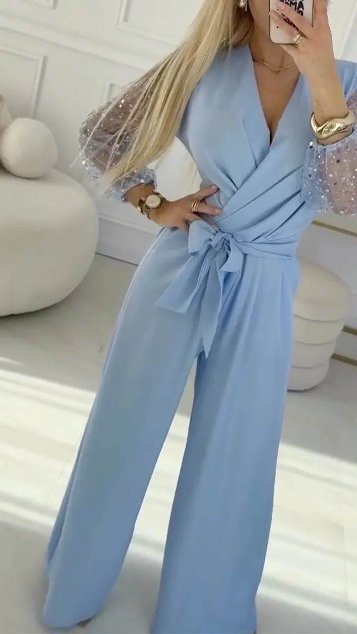 Sequined Top Wide Leg Pants Casual Suit Women Blue