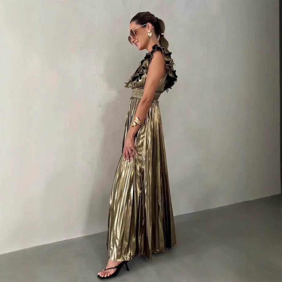 Summer New Women's Pleated Sexy V-neck Waist Dress