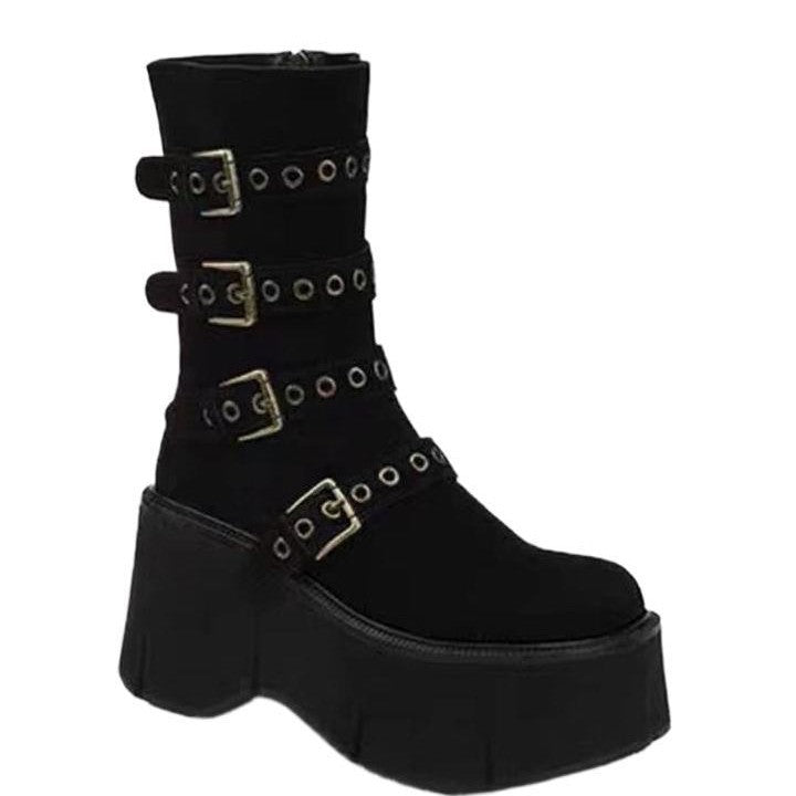 Platform Wedge Booties Women's Belt Buckle Muffin Middle Boots