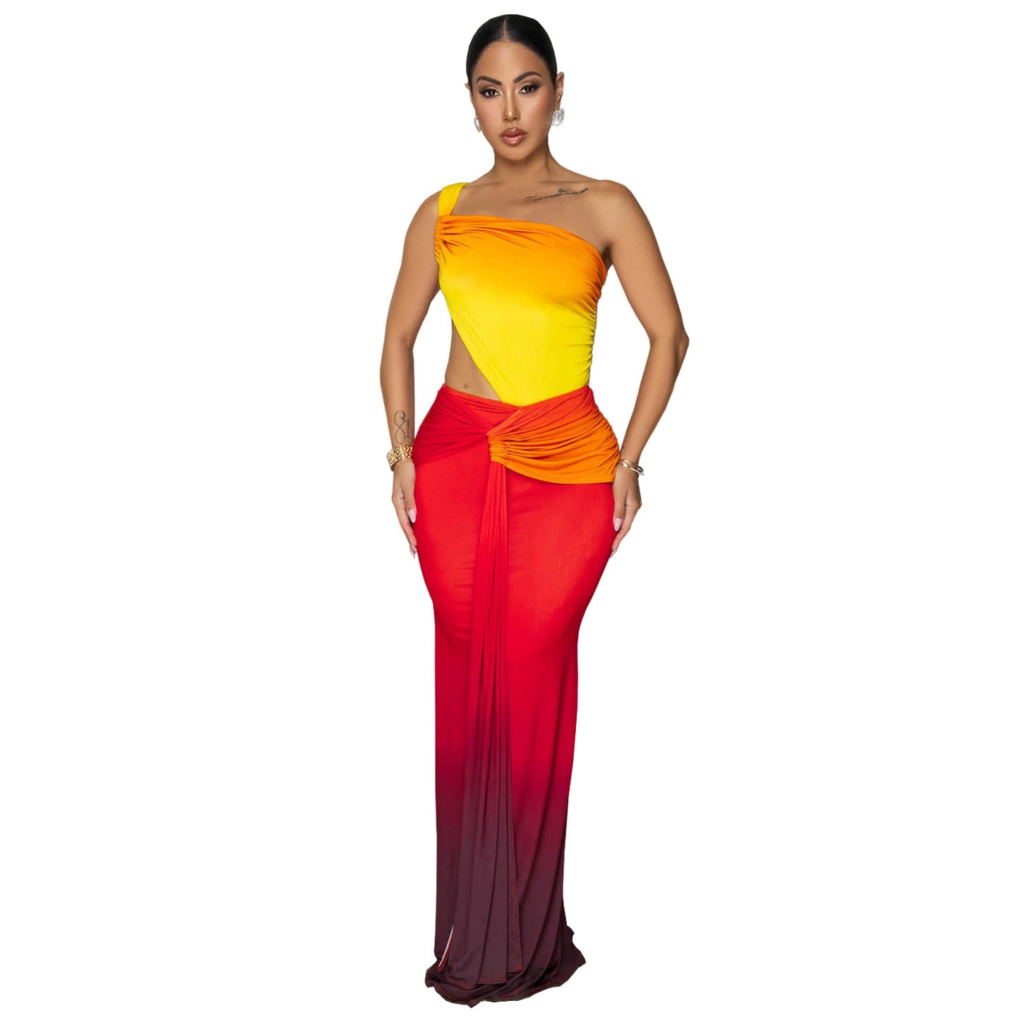 Summer Sexy Cross-shoulder Bag Arm Gradient Dress Red