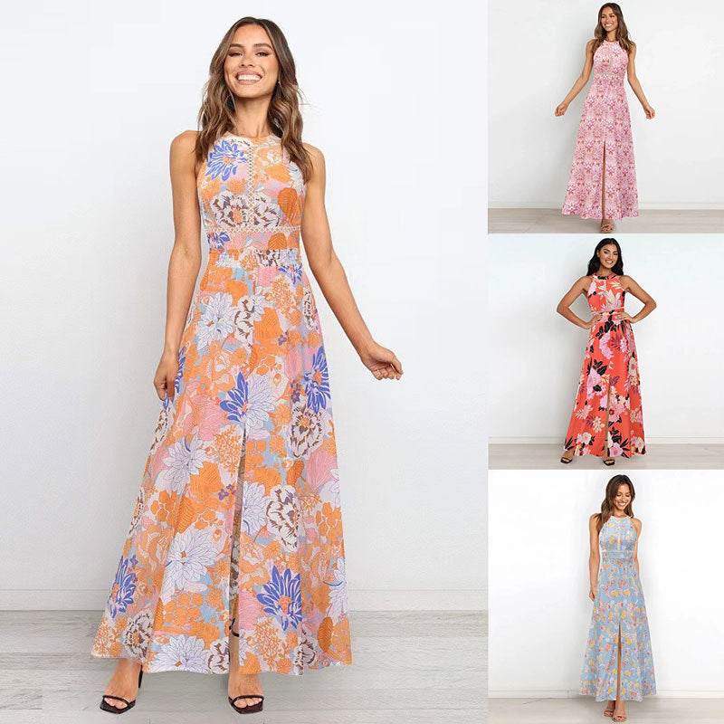 Summer Printed Round Neck Sleeveless Dress Halter Long
