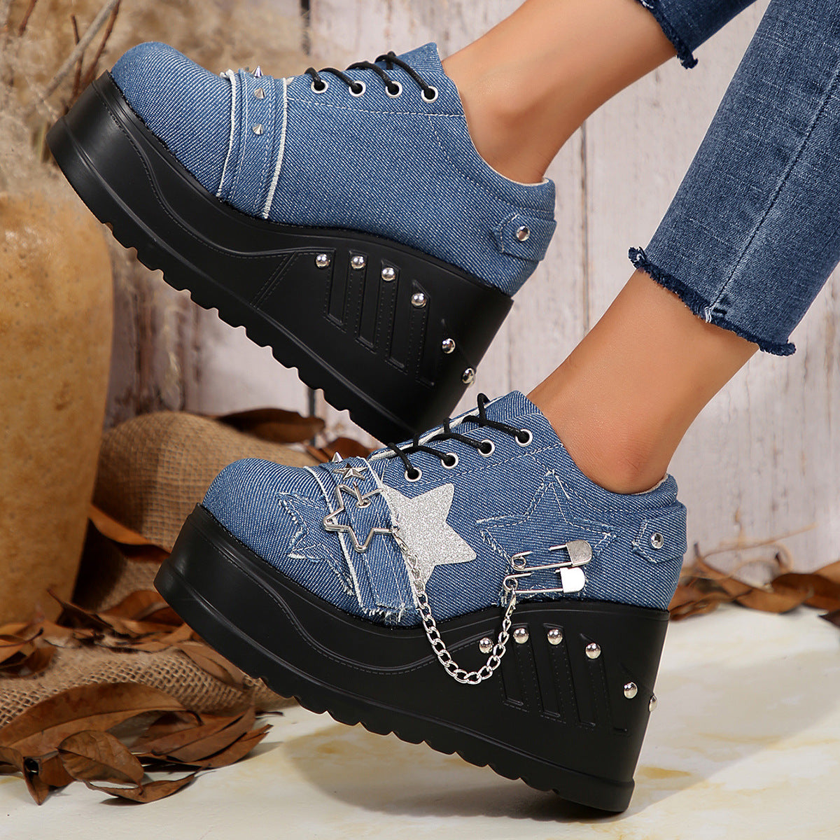 New Platform Increased Denim Plus Size Women's Shoes Blue
