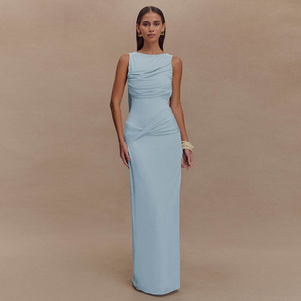 New Summer Round Neck Backless Dress Fashion Sleeveless Blue