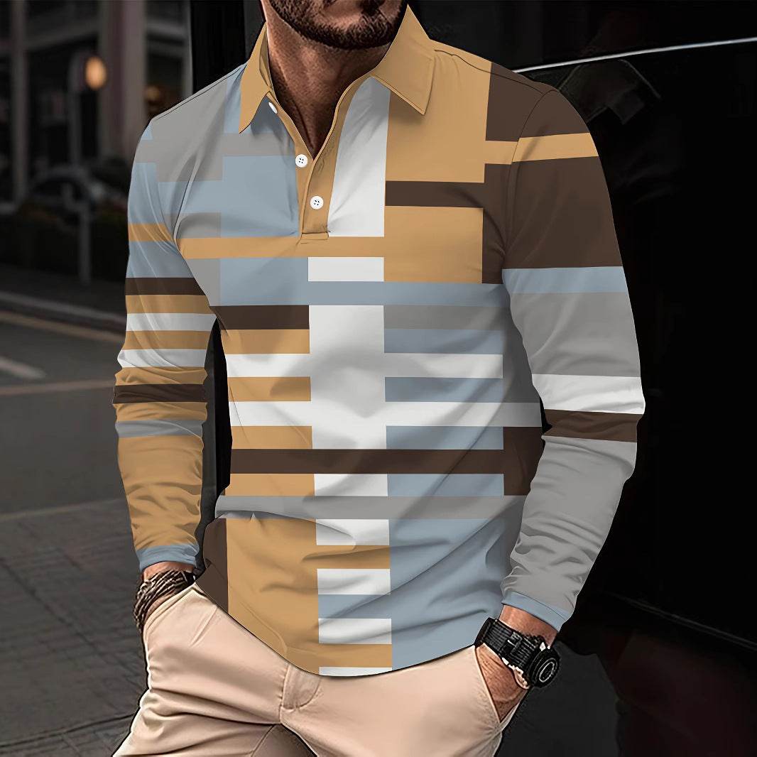 Men's Button Casual Slim Lapel 3D Printed Long Sleeve