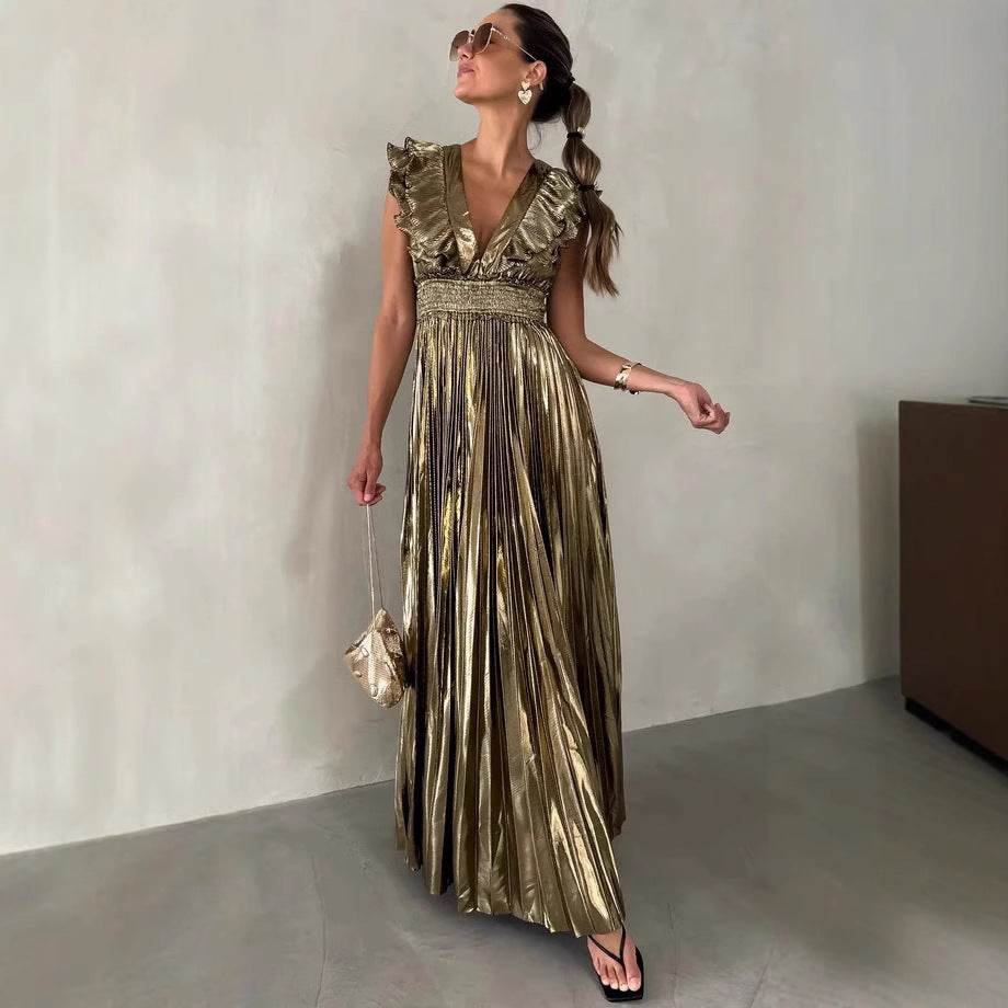 Summer New Women's Pleated Sexy V-neck Waist Dress