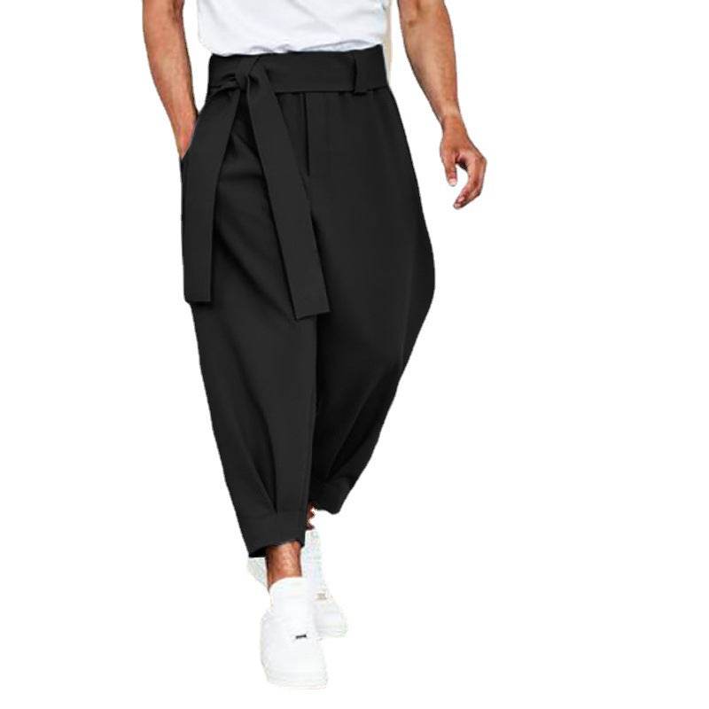 Men's Loose Solid Color Cropped Pants Belt Decoration European And American