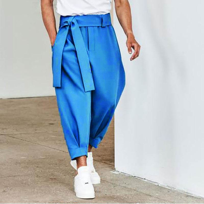Men's Loose Solid Color Cropped Pants Belt Decoration European And American Blue