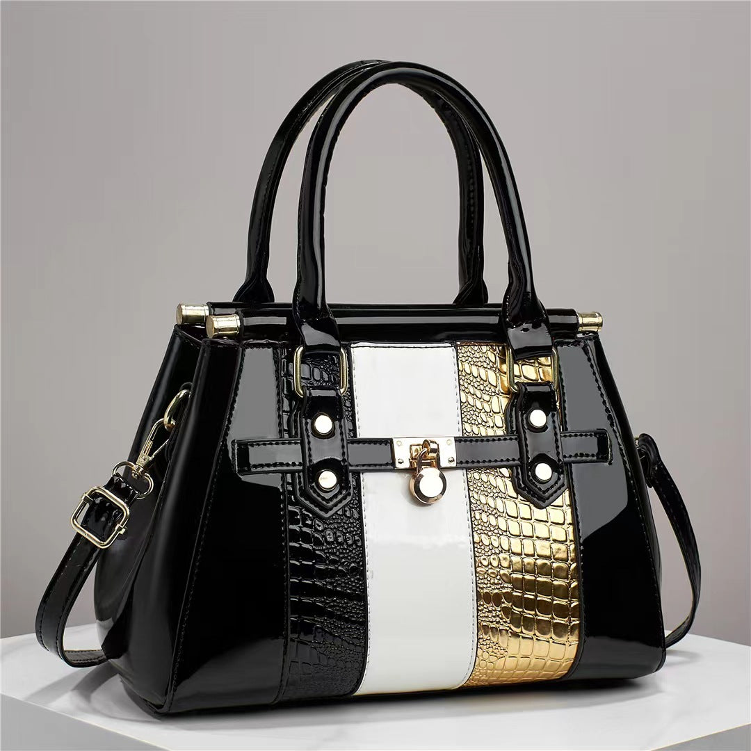 Vertical Stitching Bright Leather Lizard Pattern Large Capacity Shoulder Bag Black