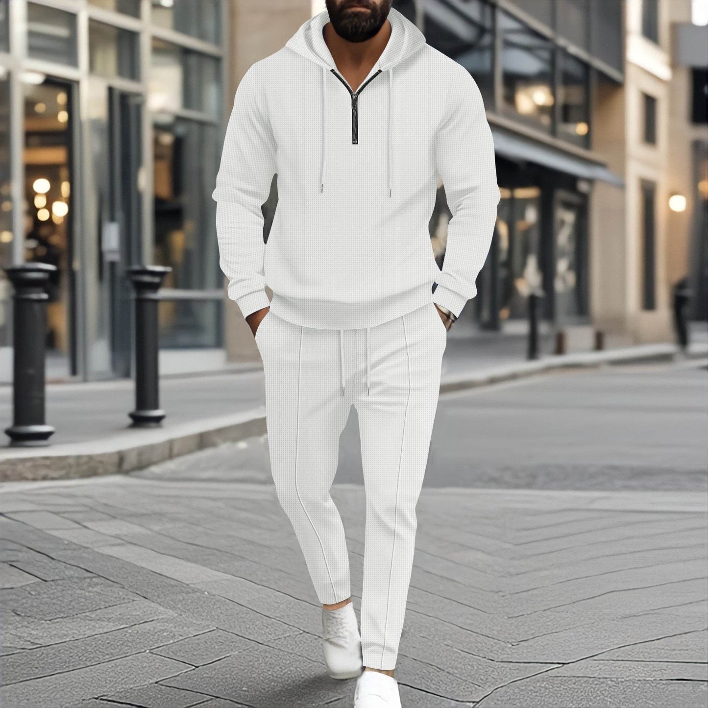 Waffle Hooded Small Zipper Casual Long Sleeve Pants Two-piece Suit White
