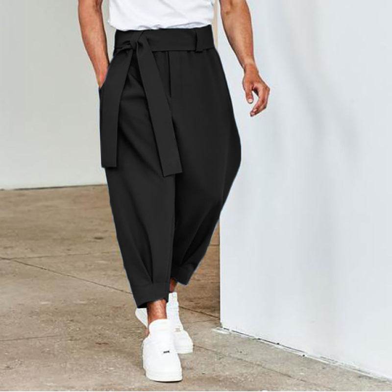 Men's Loose Solid Color Cropped Pants Belt Decoration European And American Black
