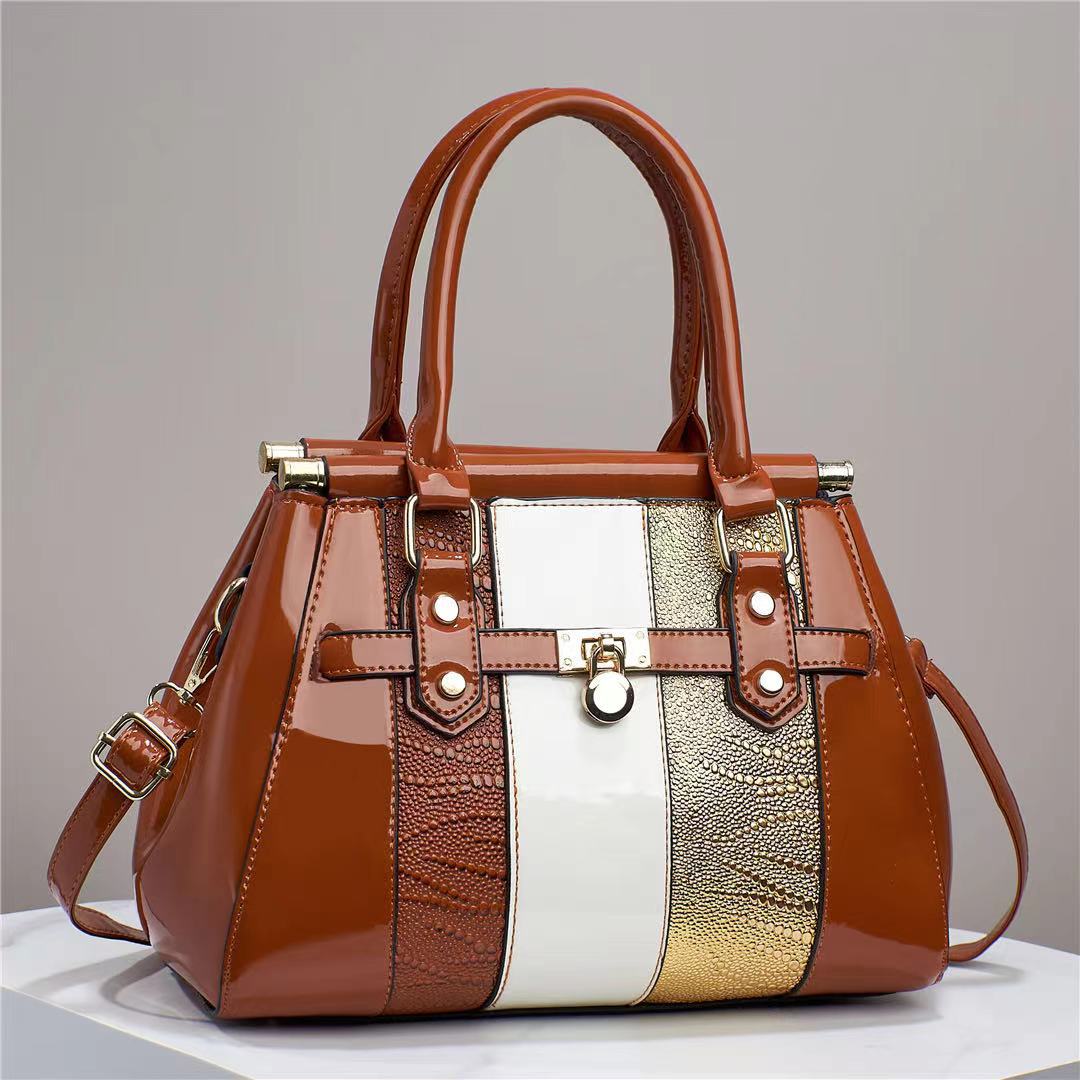 Vertical Stitching Bright Leather Lizard Pattern Large Capacity Shoulder Bag Yellowish Brown