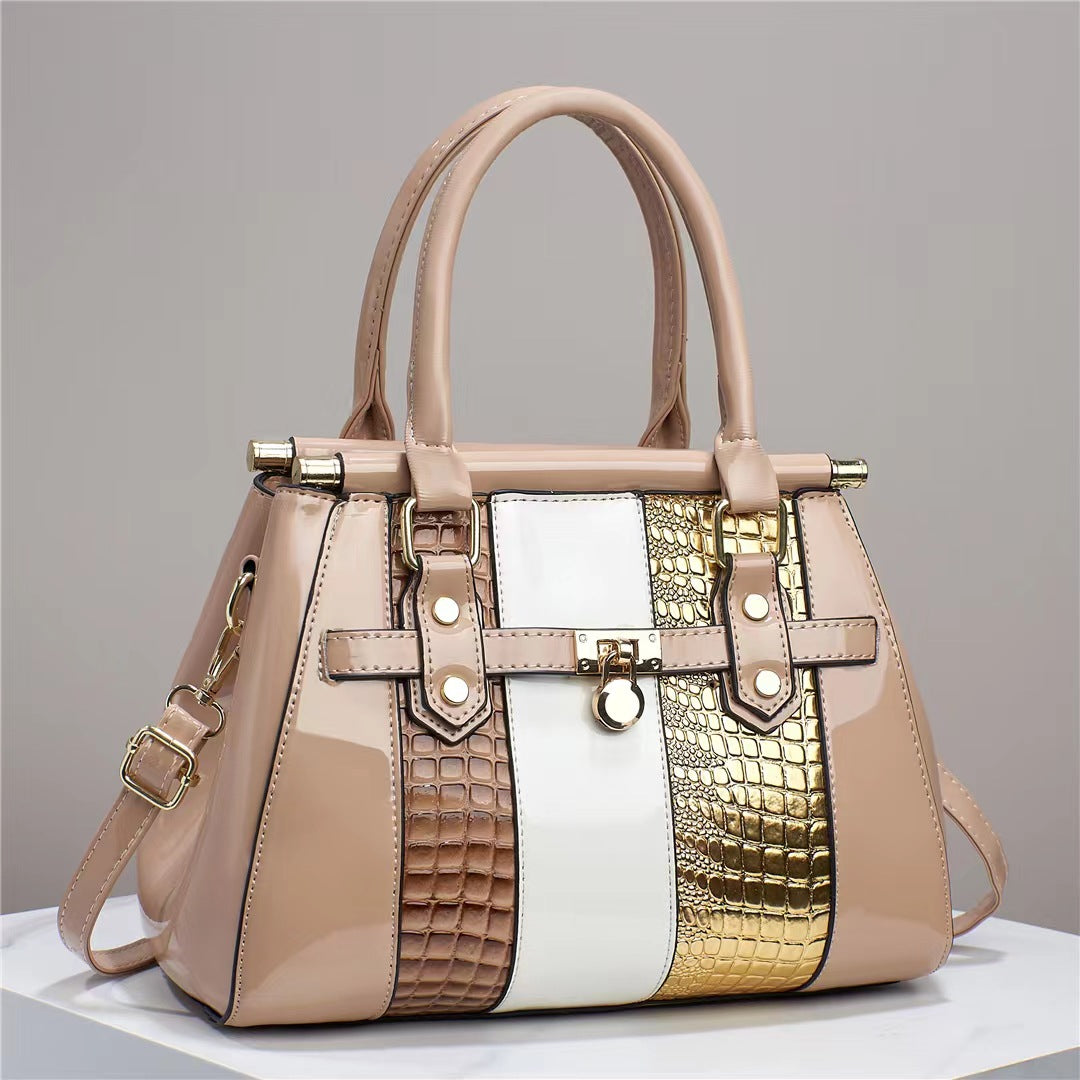 Vertical Stitching Bright Leather Lizard Pattern Large Capacity Shoulder Bag Khaki