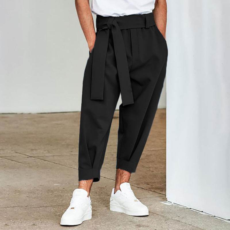 Men's Loose Solid Color Cropped Pants Belt Decoration European And American