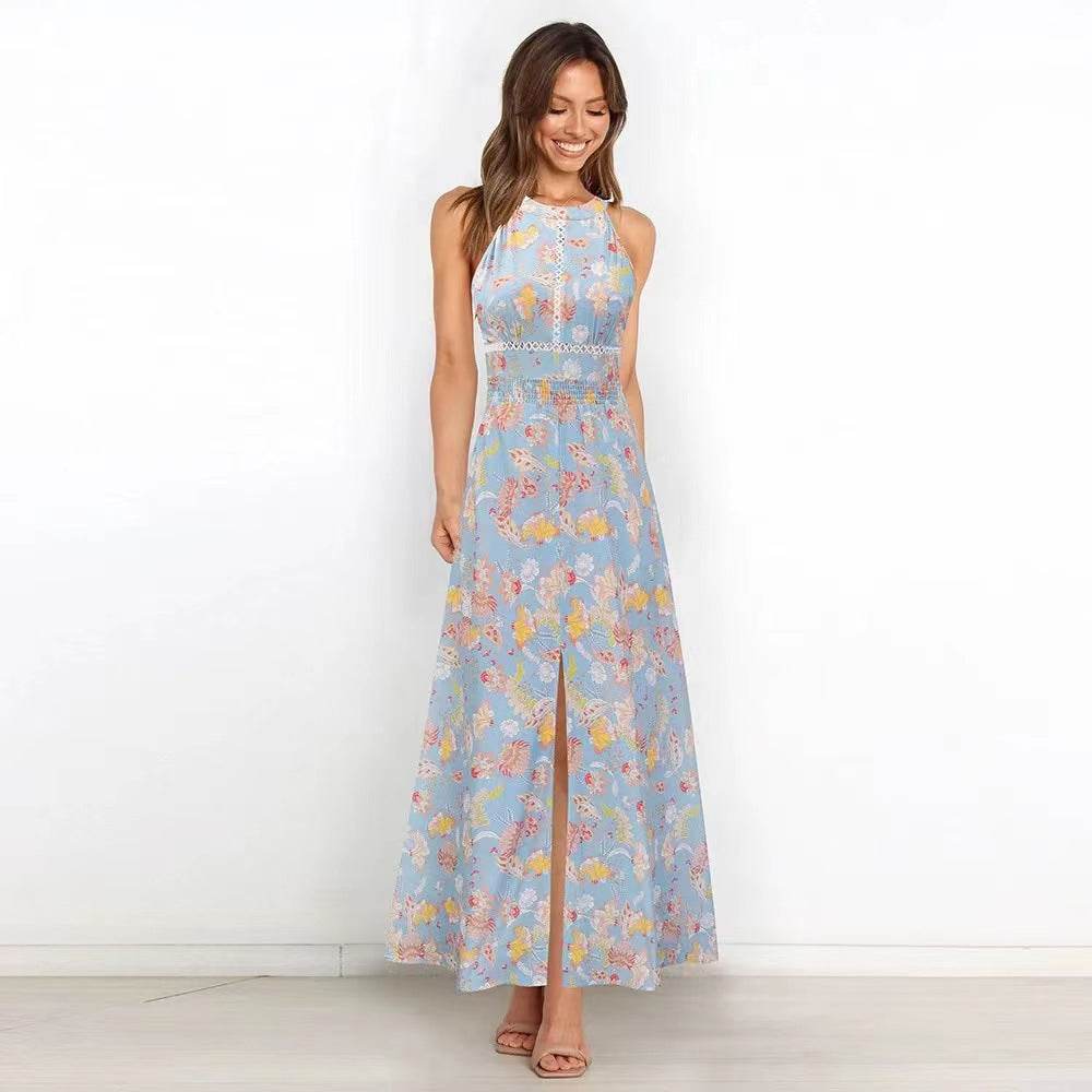 Summer Printed Round Neck Sleeveless Dress Halter Long Sky Blue