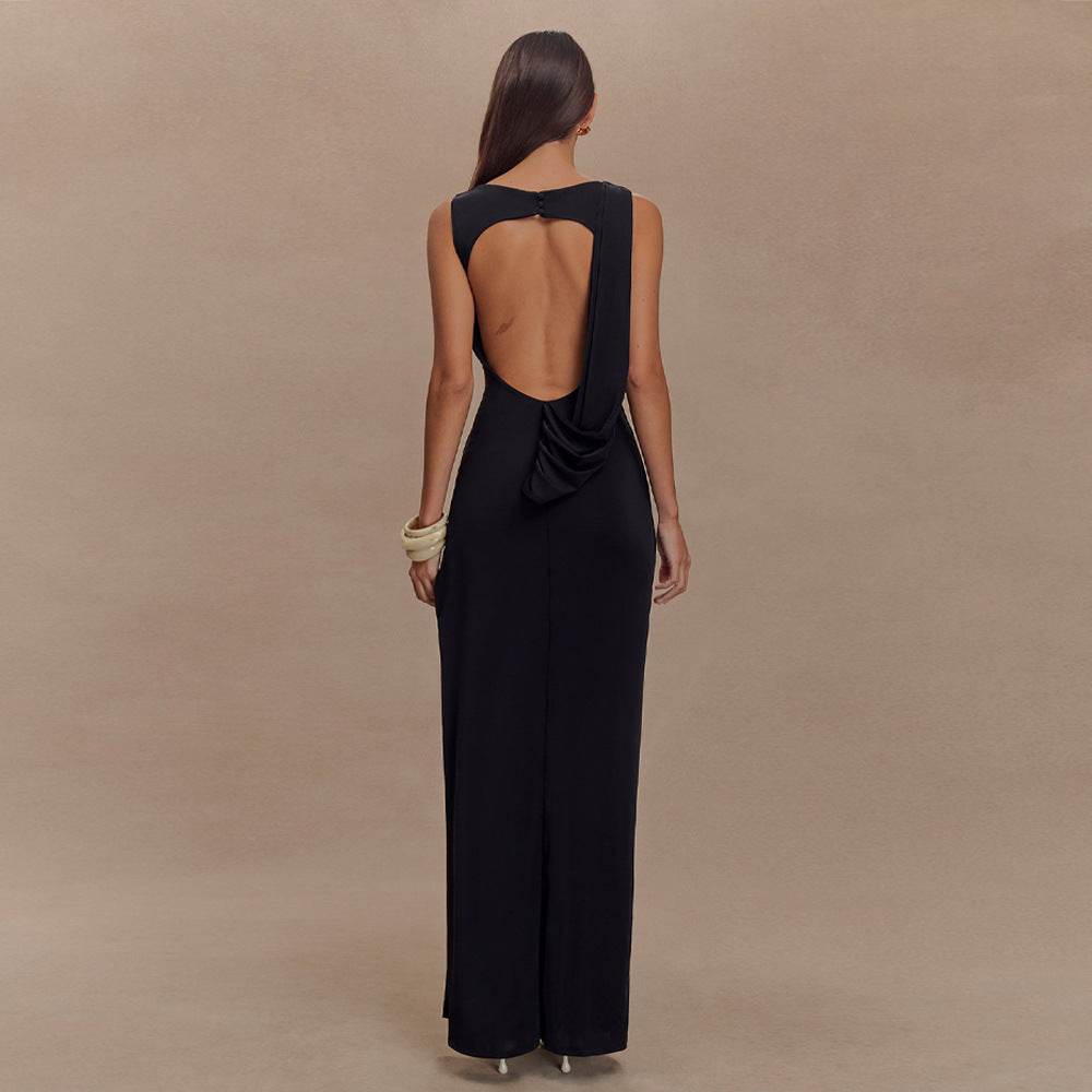 New Summer Round Neck Backless Dress Fashion Sleeveless Black