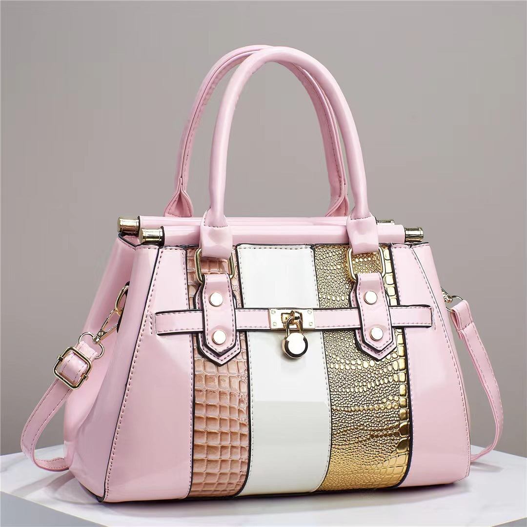 Vertical Stitching Bright Leather Lizard Pattern Large Capacity Shoulder Bag Pink