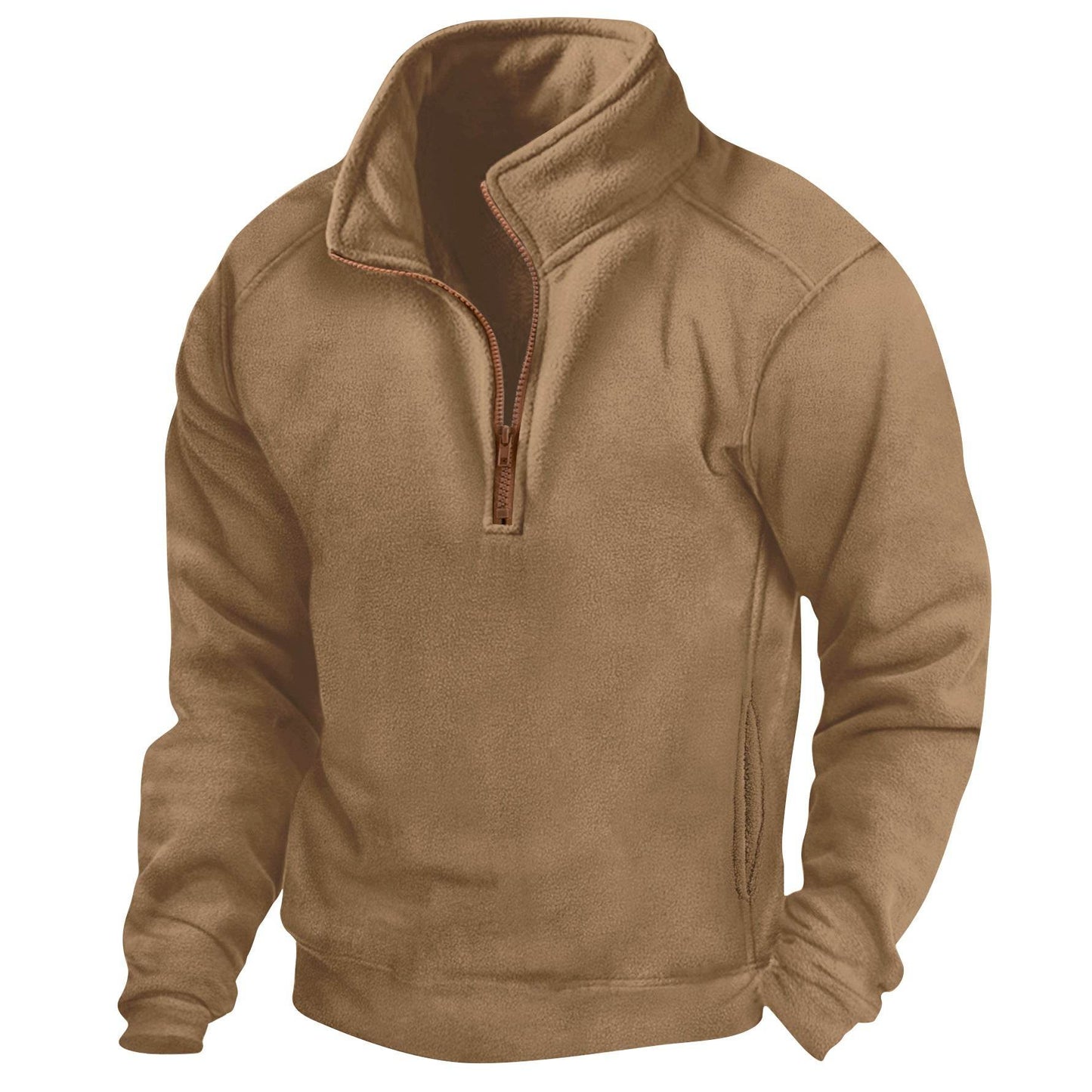 Men's Stand Collar Half Zip Long-sleeved Sweater Khaki