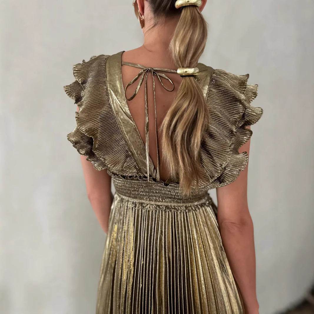 Summer New Women's Pleated Sexy V-neck Waist Dress