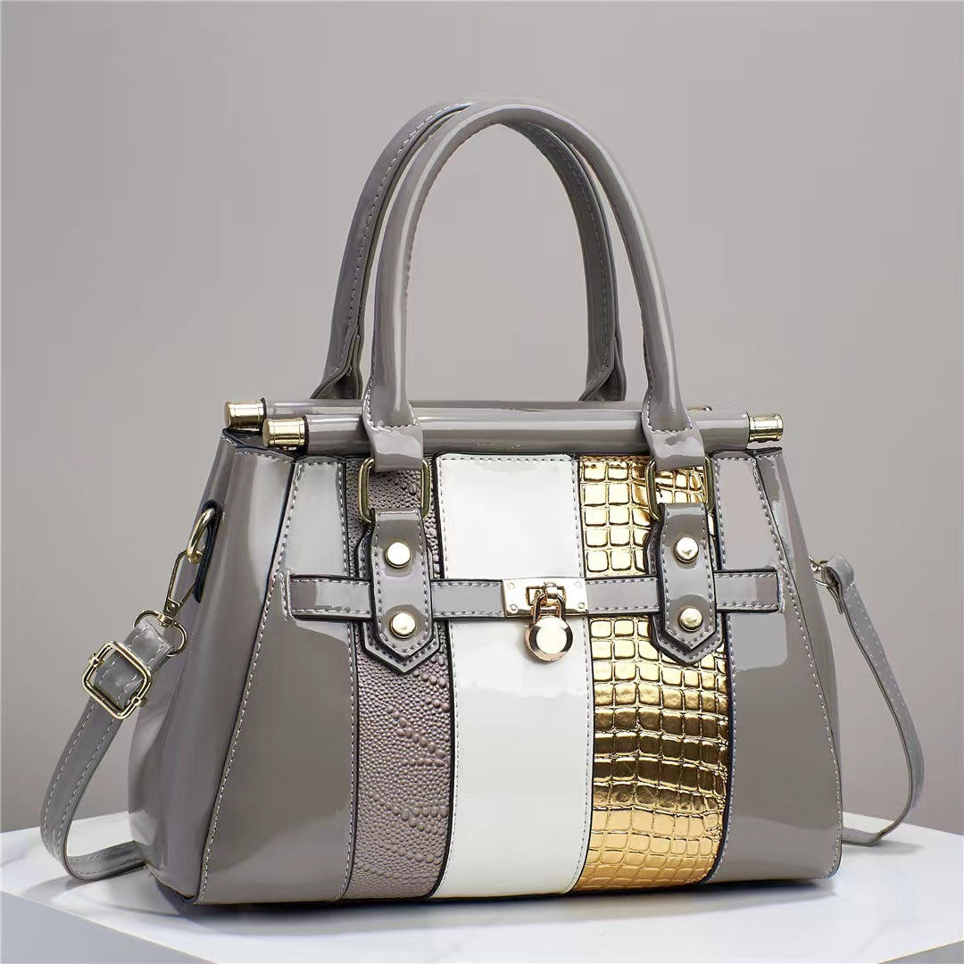 Vertical Stitching Bright Leather Lizard Pattern Large Capacity Shoulder Bag Gray