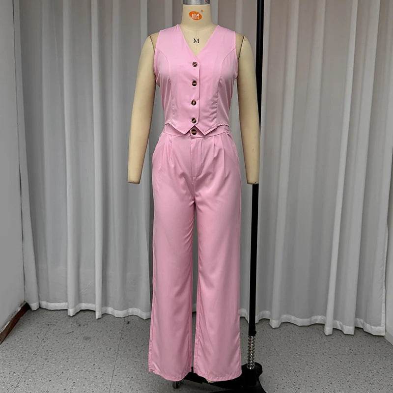 Women's Solid Color And V-neck Sleeveless Vest Elegant Suit Pants Suit Pink