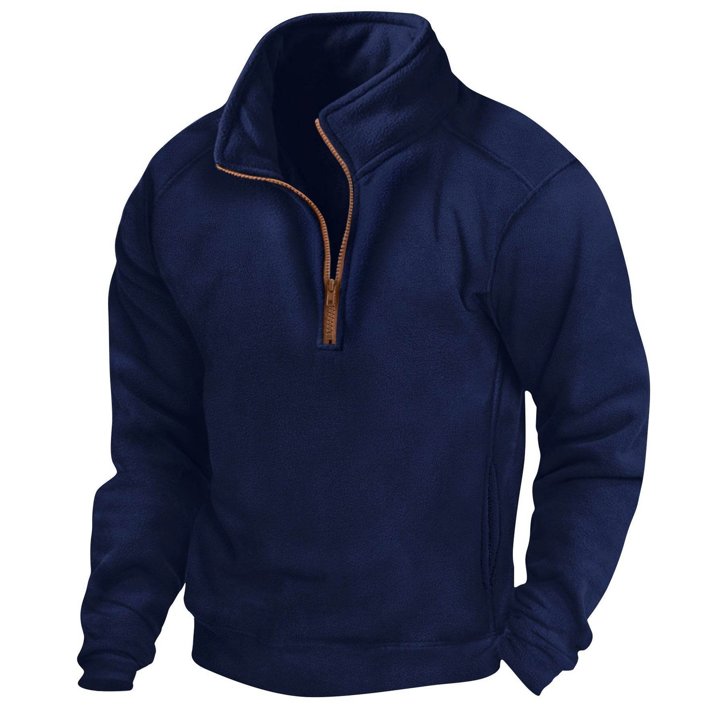 Men's Stand Collar Half Zip Long-sleeved Sweater Navy Blue