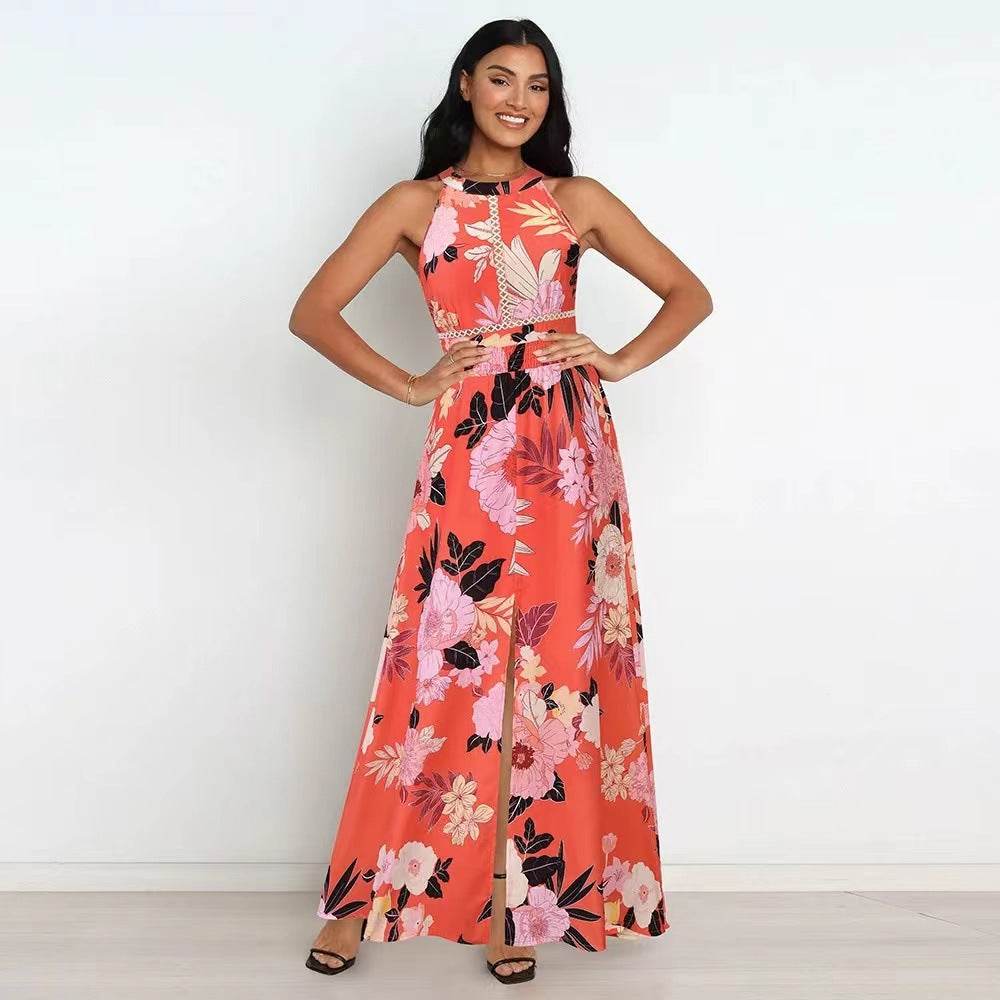 Summer Printed Round Neck Sleeveless Dress Halter Long Red