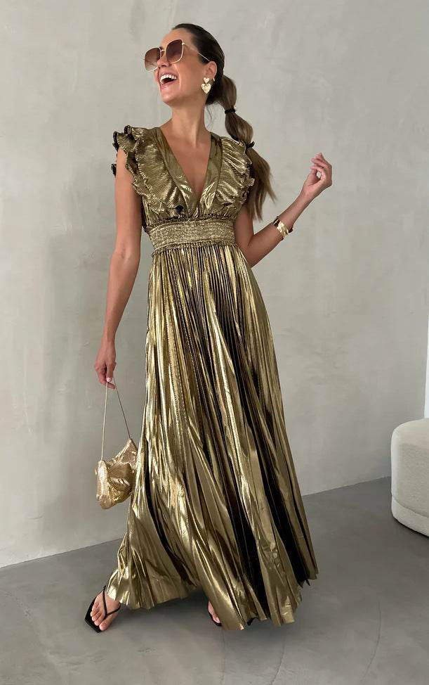 Summer New Women's Pleated Sexy V-neck Waist Dress Metallic Color