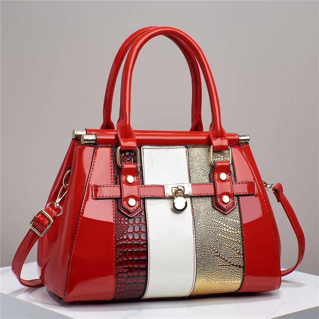 Vertical Stitching Bright Leather Lizard Pattern Large Capacity Shoulder Bag Red