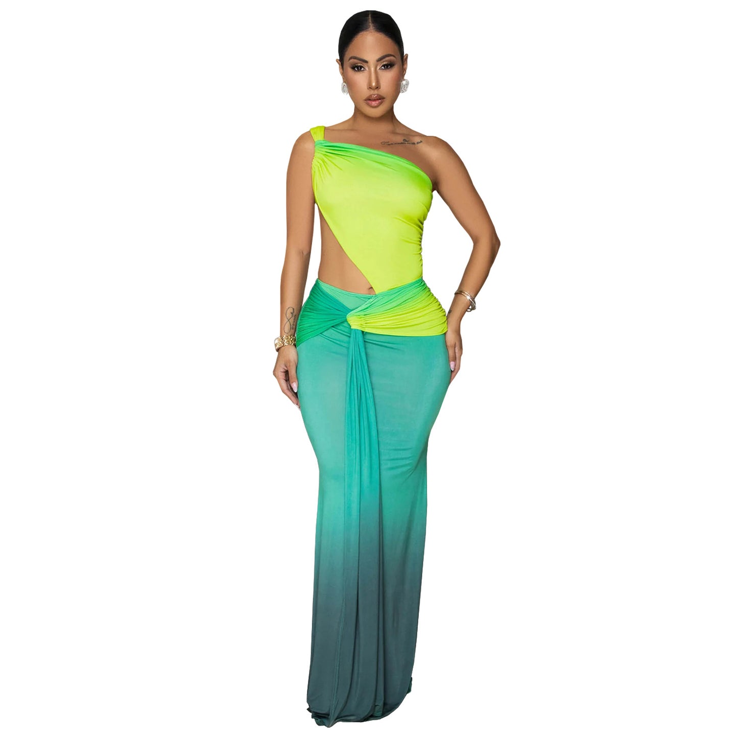 Summer Sexy Cross-shoulder Bag Arm Gradient Dress Green