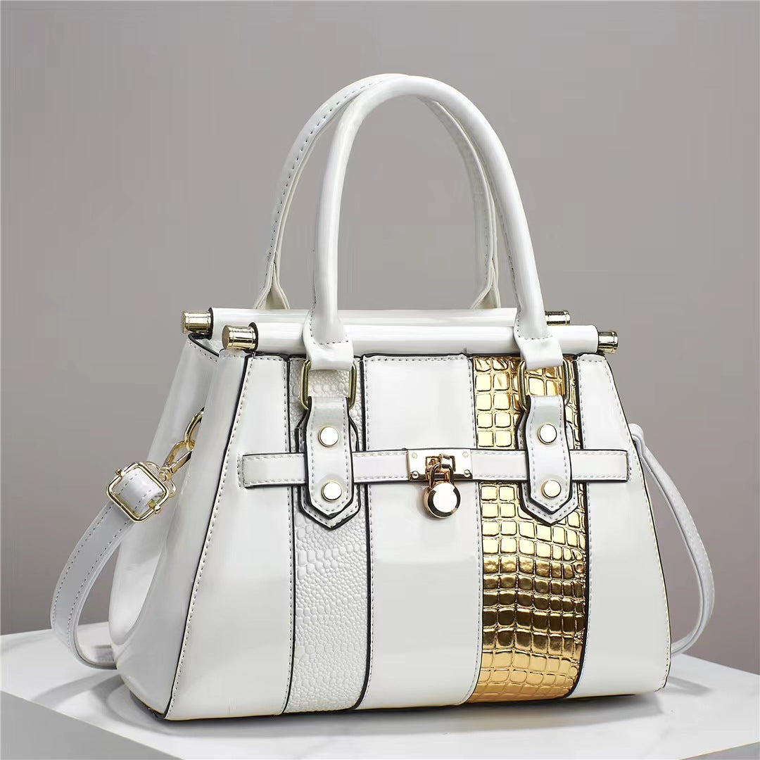 Vertical Stitching Bright Leather Lizard Pattern Large Capacity Shoulder Bag White