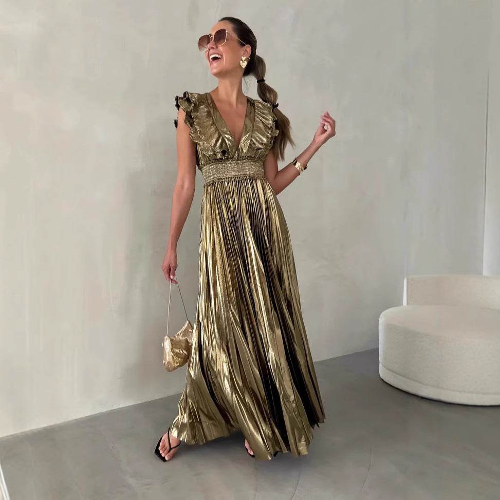 Summer New Women's Pleated Sexy V-neck Waist Dress