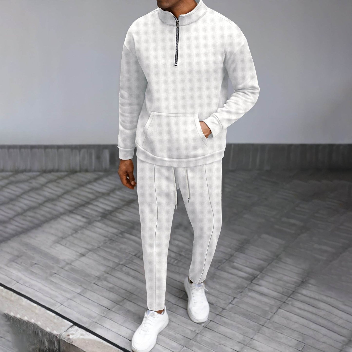 Turtleneck Half Zip Pocket Long Sleeve Sweater Trousers Casual Suit White
