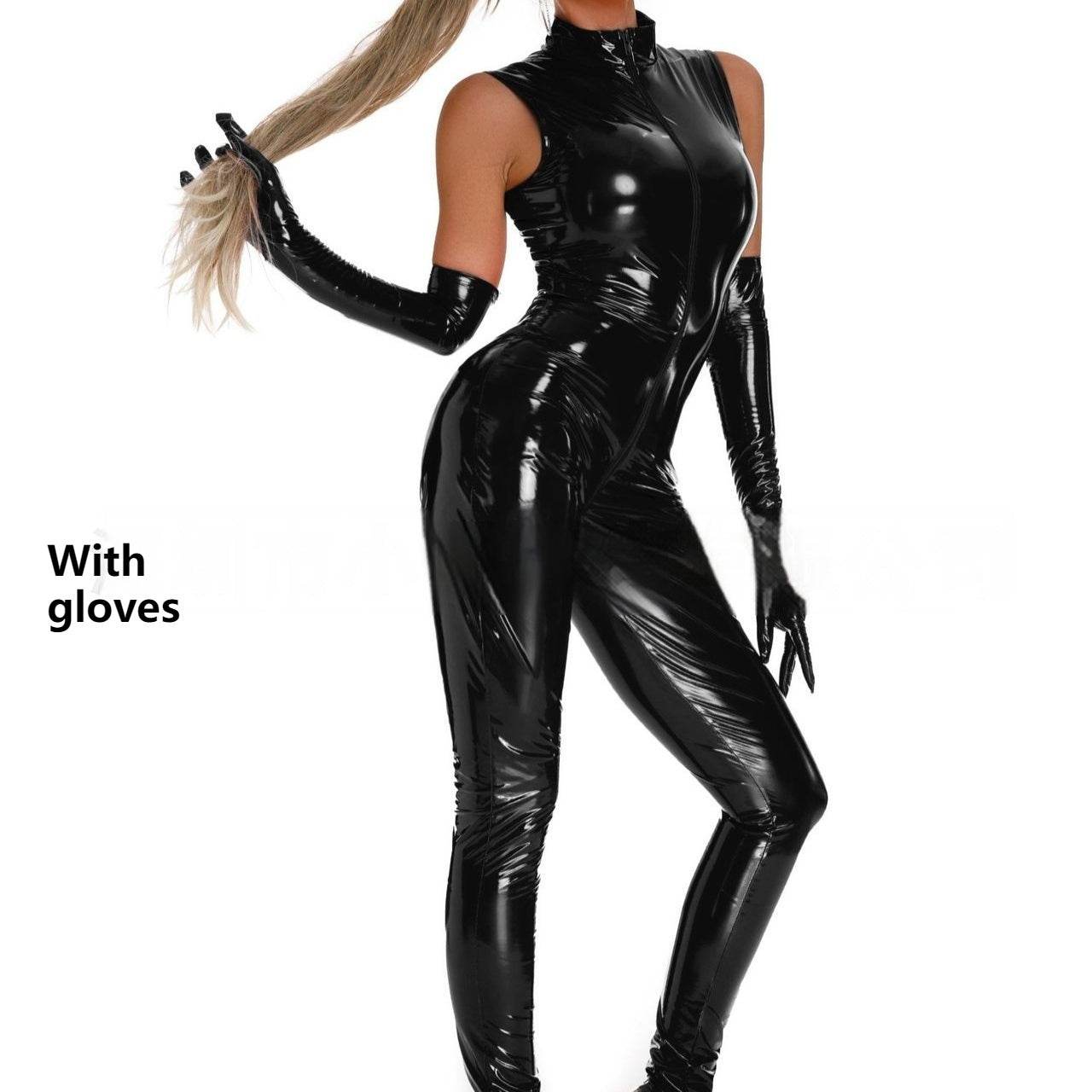 Shiny Patent Leather Mirror One-piece Leather Coat For Women Black with gloves