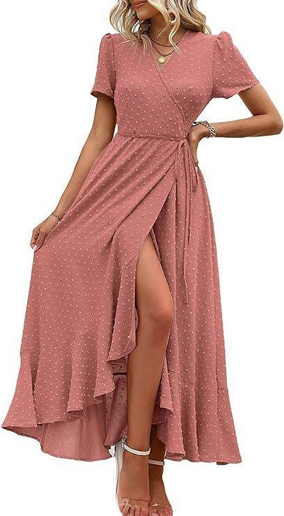 Short Sleeve Pleated Slit Hemline At Hem Beach Dress Pink