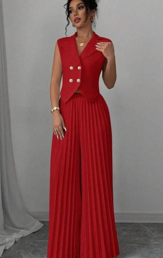 Summer Sleeveless Suit Fashion Lapel Button Vest Top And Pleated Straight Pants Women's Trousers Set Clothing Red